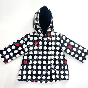 JACADI Girls 18 M White Polka Dot Print Hooded Rain Jacket w/Fleece Lining 81 cm